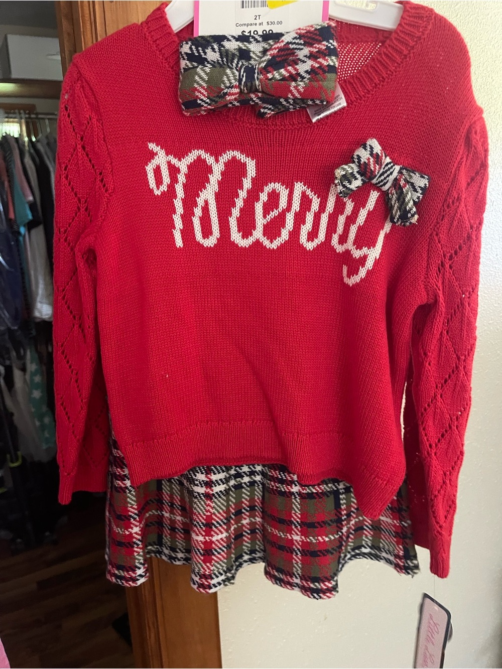 Little Lass Red 'Merry' Knit Sweater Set with Plaid Trim